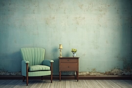 Fototapeta Scandinavian interior design in vintage retro shabby chic style with antique shabby wall