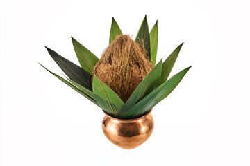 Traditional clay Kalash isolated on white. Hindu and Jain ritual element for puja.