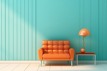 scandinavian retro interior design in bright vintage colors in flat style