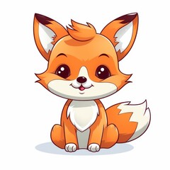 A cartoon fox with big eyes and a cute smile. It has a white belly and dark brown ears and tip of its tail. The fox is sitting on a white surface and looking to the right.