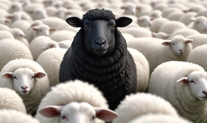 a flock of sheep, among them one sheep in a dark color