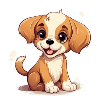 A cute cartoon puppy with brown and white fur, large eyes, a brown tail, and a happy expression.
