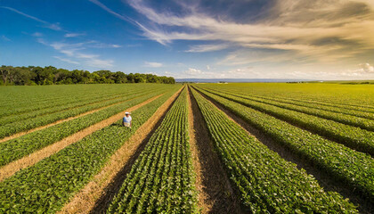 An aerial view captures a farmer walking through a thriving soybean field, with rows of irrigated grain fields stretching into the distance.