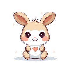 A cartoon illustration of a brown and white bunny rabbit with a pink heart on its belly. It has big brown eyes and long ears. The background is white.