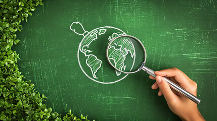 Magnifying glass on green blackboard with the Earth drawn on it. Science and education school concept.