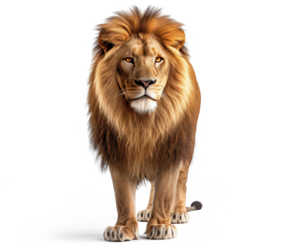 Majestic male lion standing isolated on white background. Front view