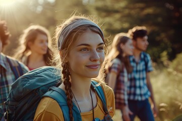 Fototapeta premium teenagers hiking, enjoying nature, exploring great outdoors, embracing active lifestyle in nature