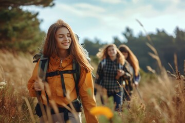 teenagers hiking, enjoying nature, exploring great outdoors, embracing active lifestyle in nature - Powered by Adobe