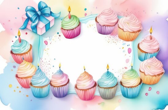 greeting card painted with colors with cupcakes, candles, bows, birthday, gifts, congratulations, cute