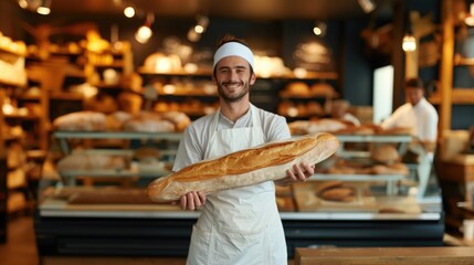 A happy baker holding a fresh baguette in a bakery