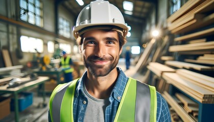 This image captures a smiling man with a beard, wearing a white hard hat and a high-visibility vest in an industrial woodworking workshop.

