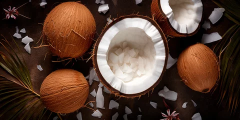 Foto op Plexiglas ripe coconut, top view. coconut pulp and juice close-up © Татьяна Гончарук
