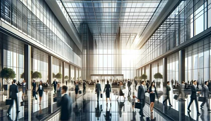 Foto op Plexiglas The image depicts a spacious, sunlit modern lobby or atrium with a high glass ceiling, where many people are walking across the reflective floor, suggesting a busy corporate or commercial building.   © Mohammed