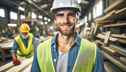 This image shows a smiling male worker with a beard, wearing safety glasses, a white hard hat, and a high-visibility vest in an industrial woodworking workshop.