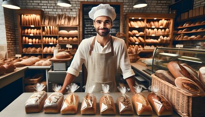The image captures a cheerful baker wearing a chef's hat and an apron, standing behind the counter of a well-stocked bakery filled with various types of freshly baked bread.

 - obrazy, fototapety, plakaty