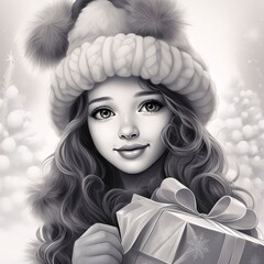Black and white illustration of a young smiling girl wearing a hat with a gift. Gifts as a day symbol of present and love.