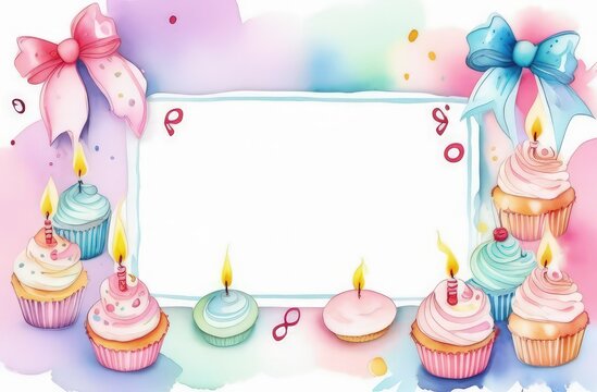 greeting card, cupcakes with candles, blue and pink bow, happy birthday