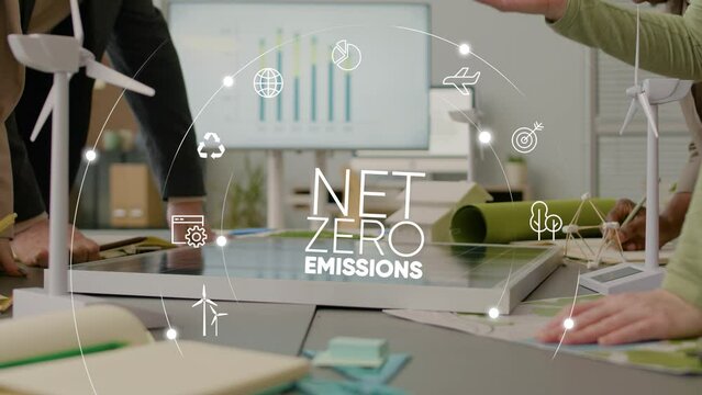 Net zero emission concept Long term strategy 2050.Green technology concept. A team of engineers develops a strategy until 2050. Closeup 4K video