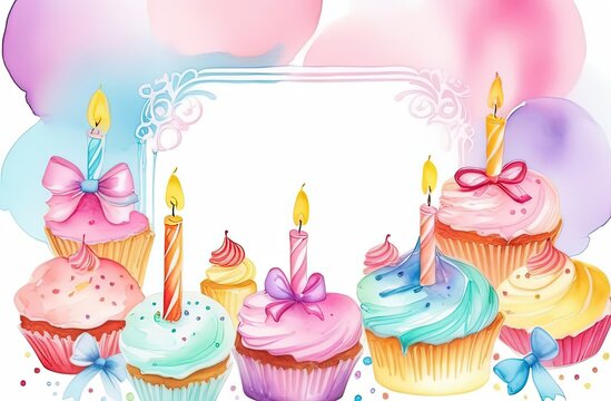greeting card, cupcakes with candles, pink bow, happy birthday