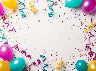 Multi-colored balloons, ribbons and confetti on a white background create a festive atmosphere. Place for an inscription.