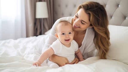 Morning Playtime: Mom and Little Son in Bed