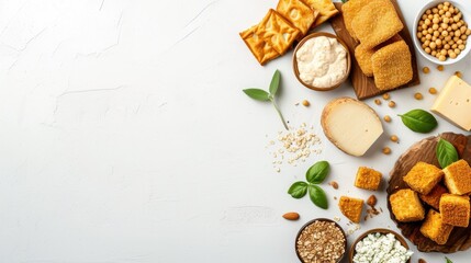 A selection of vegetarian finger foods, including crispy bites, cheese, and dips, neatly arranged on a pristine white surface, surrounded by fresh basil.