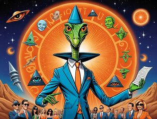 Extravagant Illuminati Conspiracy - Outrageous cartoonish scene with cryptic symbols, lizard person, UFO beaming up a celebrity, and hidden symbolism Gen AI