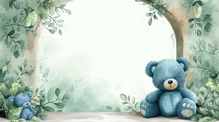  Gender blue baby teddy bear and accessories over beige background with leaf arch baby shower or birth announcement cards, with neutral theme floral green petal frame , leaf arch, decor for birthdays 