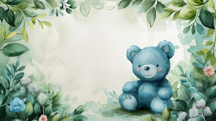  Gender blue baby teddy bear and accessories over beige background with leaf arch baby shower or birth announcement cards, with neutral theme floral green petal frame , leaf arch, decor for birthdays 