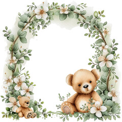 Gender neutral baby teddy bear and accessories over beige background. baby shower or birth announcement cards, with neutral theme floral green petal frame , leaf arch, decor for birthdays 
