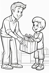 Black and White coloring card, father giving gift sons.Valentine's Day banner with space for your own content.