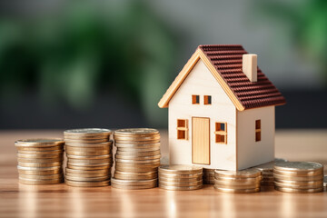 Miniature house with coins on a green meadow. Concept of energy saving with modern technology. Passive house heating. Real estate business, new homes and mortgages