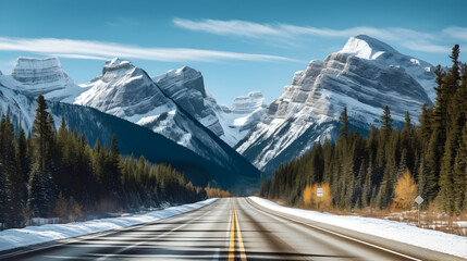Road trip on highway between pine forest driving straight to rocky mountains in icefields parkway,,
Road trip with car driving on the road with rocky mountains in autumn forest at Banff national park
 - obrazy, fototapety, plakaty