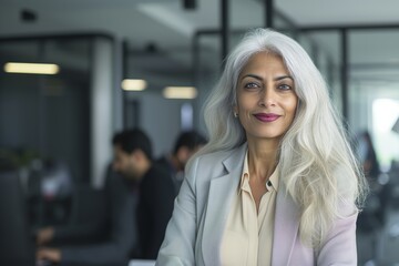 Attractive businesswoman woman posing at her work place looking at the camera