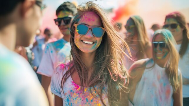 A joyful woman with sunglasses is covered in colorful powder at a Holi festival as others celebrate in the background