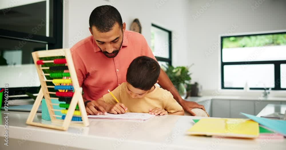 Poster Son, father and education with high five by writing, brain development and help with homework by kitchen counter. Kid, parent and learning with support by notebook and abacus for alphabet and numbers