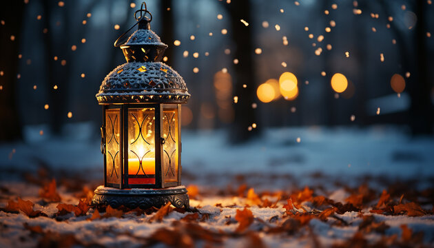 Glowing candle illuminates winter night, creating festive decoration generated by AI