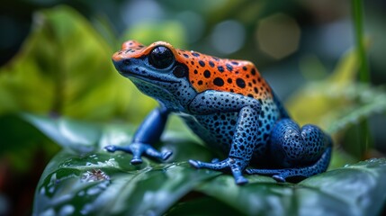 A vibrant poison dart frog showcasing its vivid colors in the lush rainforest