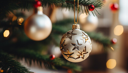 Christmas tree decorated with shiny gold ornaments and lights generated by AI