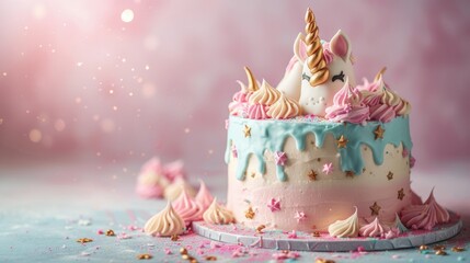 A whimsical unicorn-themed cake featuring pastel colors and golden accents against a simple backdrop