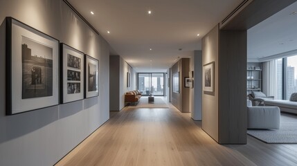 A sleek hallway with recessed lighting and a gallery wall of framed black-and-white photos