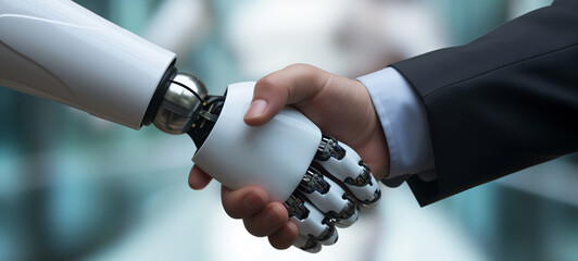 Handshake of robot and businessman. Human-robot relationships concept