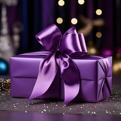 Purple boxes, gifts with bows on purple dark background. Gifts as a day symbol of present and love.