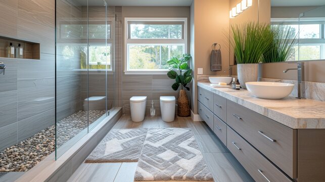 A tranquil bathroom featuring a frameless glass shower, pebble flooring