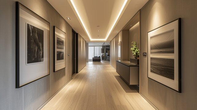 A sleek hallway with recessed lighting and a gallery wall of framed black-and-white photos
