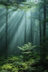 A tranquil forest shrouded in mist, with sunlight filtering through the tranquil trees