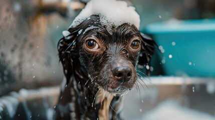 Close-up of a wet, wide-eyed black dog covered in soap suds during a bath, with water droplets in the air. - obrazy, fototapety, plakaty