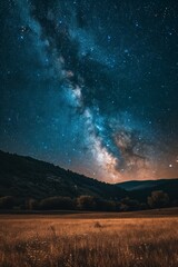 A serene starry night sky over a tranquil countryside, free from light pollution