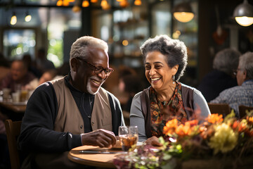romantic elderly couple talking at a table in a cafe