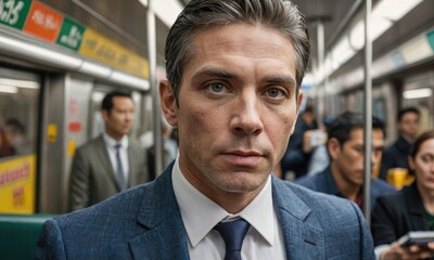 Dapper Descent: Handsome Man's Commute Charms in Tram Elegance